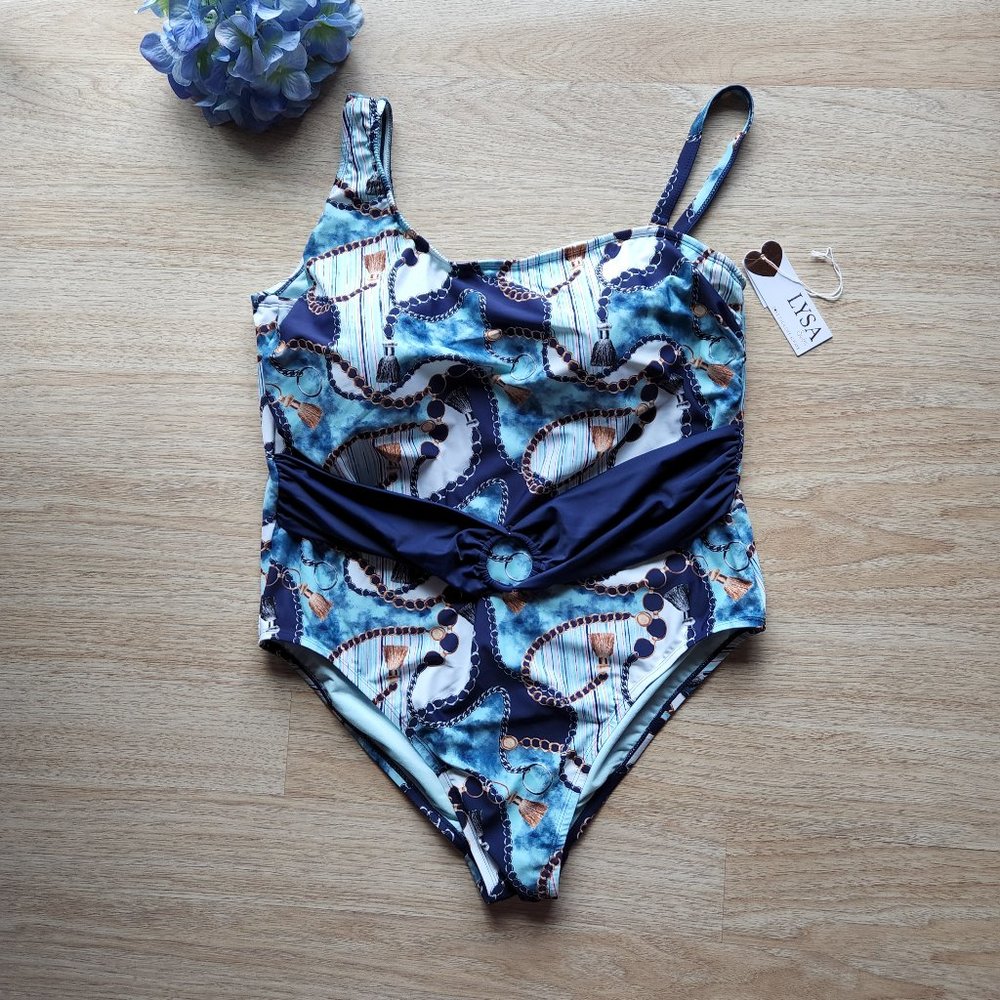 NWT LYSA Chain Printed UPF50+ One Piece Swimsuit Bra-Padded Blue
